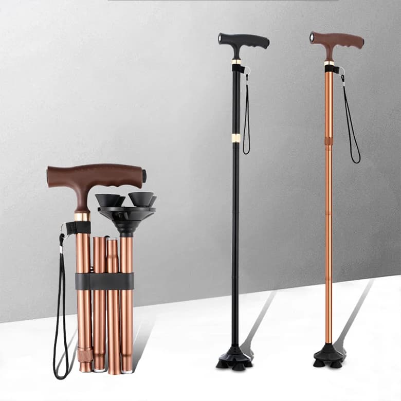 Foldable Aluminum Walk Stick with LED Light, Adjustable, for Seniors, with T Handle and Bearing