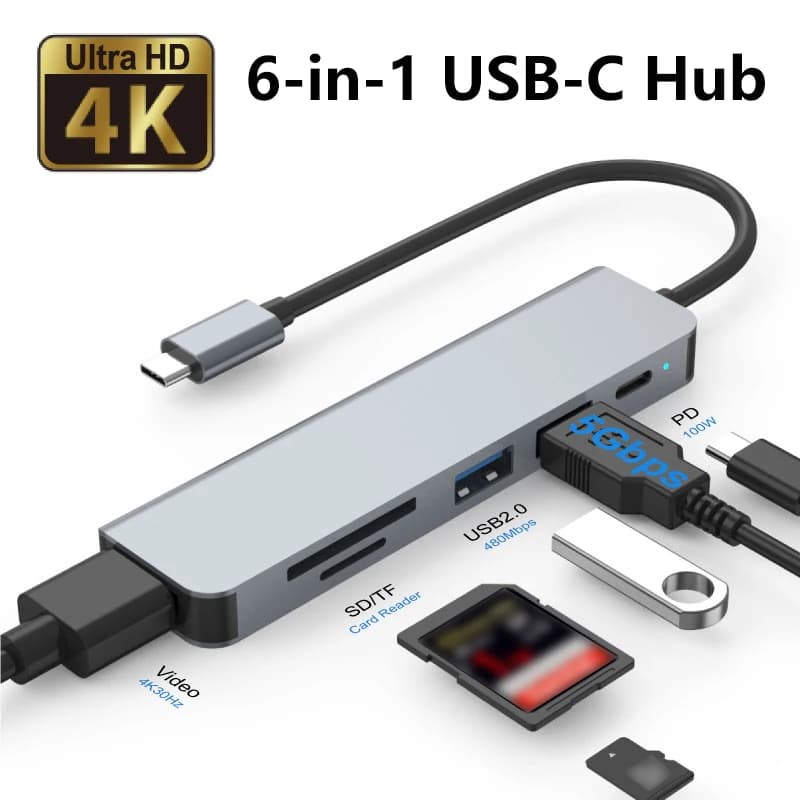 6-in-1 USB C Hub with 4K HDTV, PD Fast Charging, USB 3.0 5Gbps, USB 2.0 480Mbps and SD/TF Card Reader for Laptop Tablet