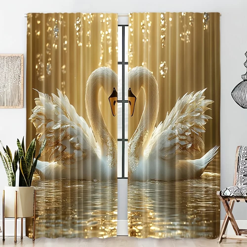 Tende 2D piatte (2 pz) con cigni dorati che riflettono la luce dell'acqua, perfette per balcone, camera da letto, studio, soggiorno, adatte per la primavera