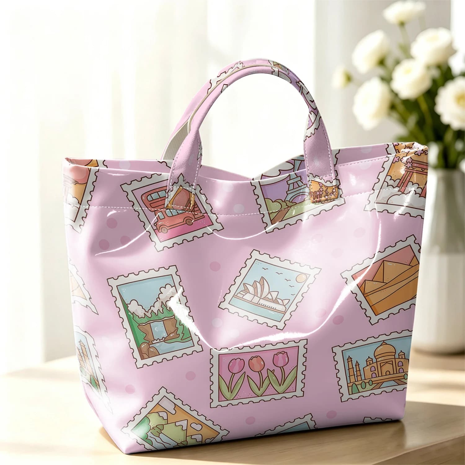 Travel Stamp Hot Sale Large Glossy PVC Tote Bag Hand Washable Waterproof Great for Travel Commute Makeup Storage Handbags