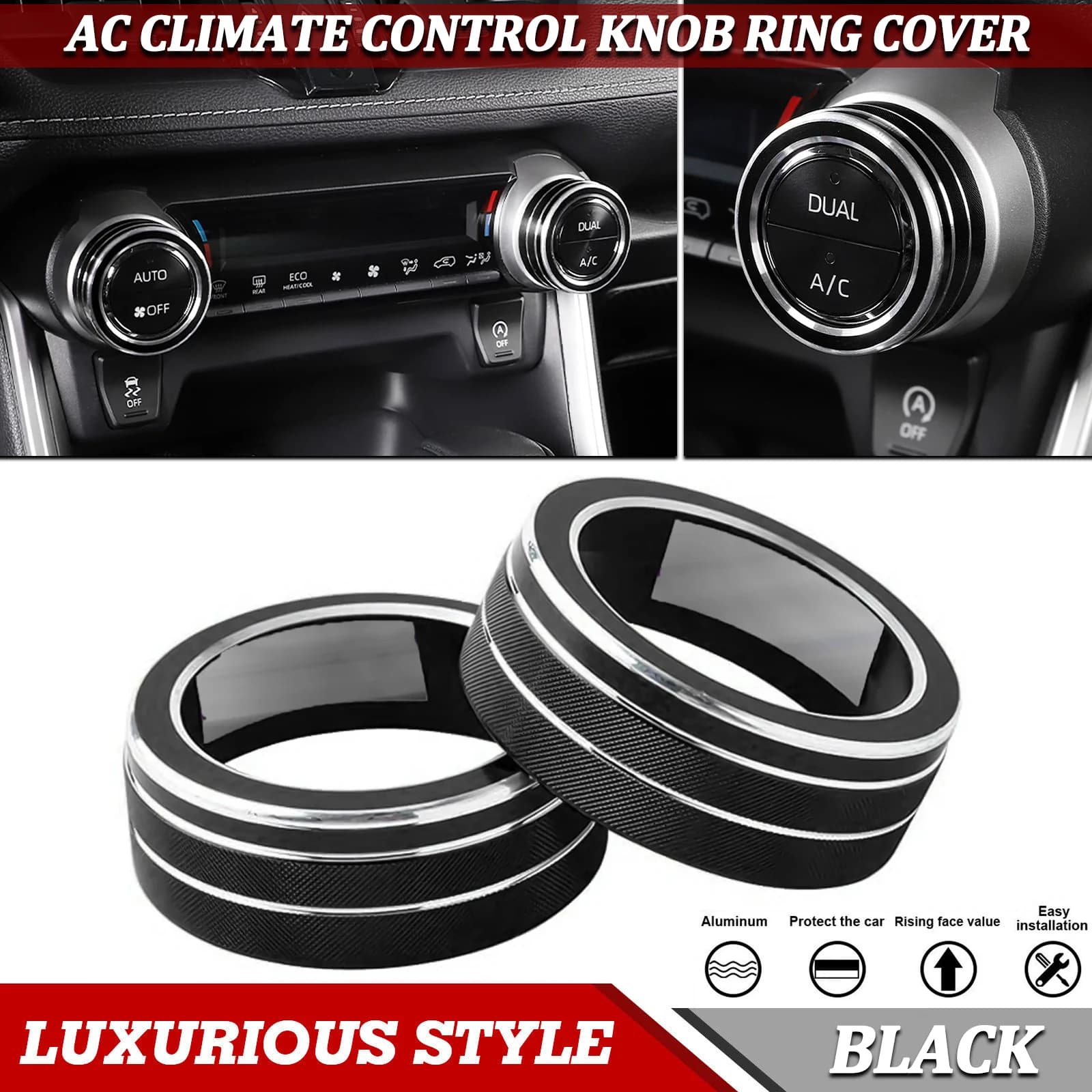 2pcs Black Center Console AC Climate Control Knob Switch Surrounding Ring Cover Molding Trim For Toyota RAV4 2019-2025 2024 2023