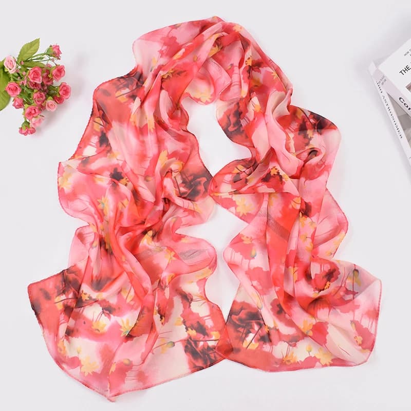 New women's long scarf in printed chiffon with lotus leaves pattern and fresh and breathable slim lotus woman scarf with sun protection