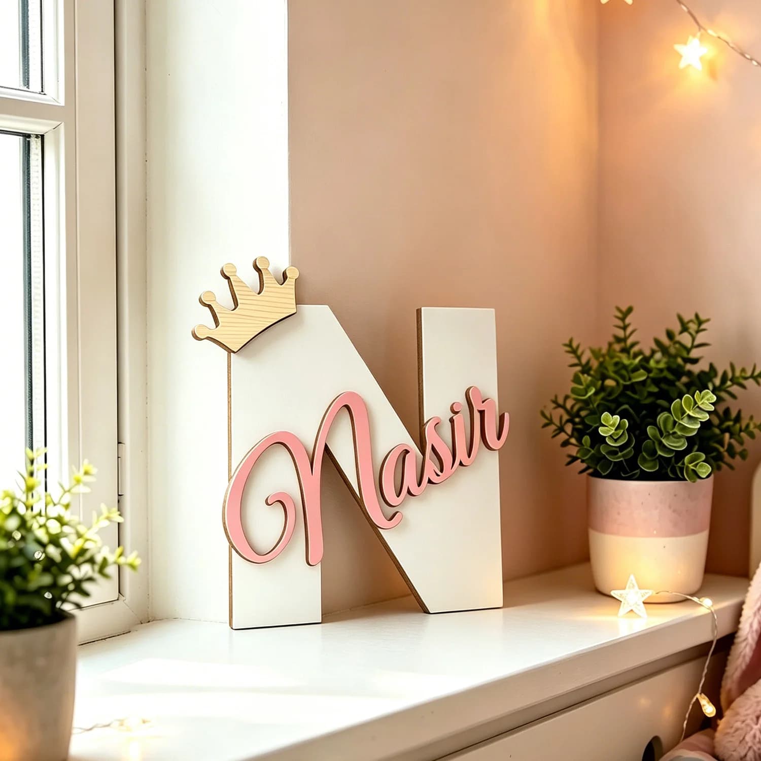1pc Custom Crown Initial Letter Wooden Name Sign Personalized Custom Text Tabletop Wall Bedroom Home Decor Ornament