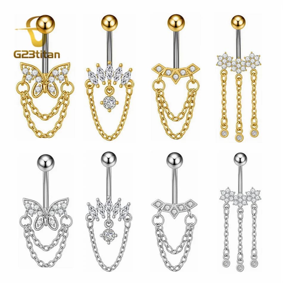 G23 Titanium Zircons Long Tassel Chain Dangle Bellybutton Ring 6-16mm Curved Barbell Navel Piercing Jewelry 14G Body Accessories