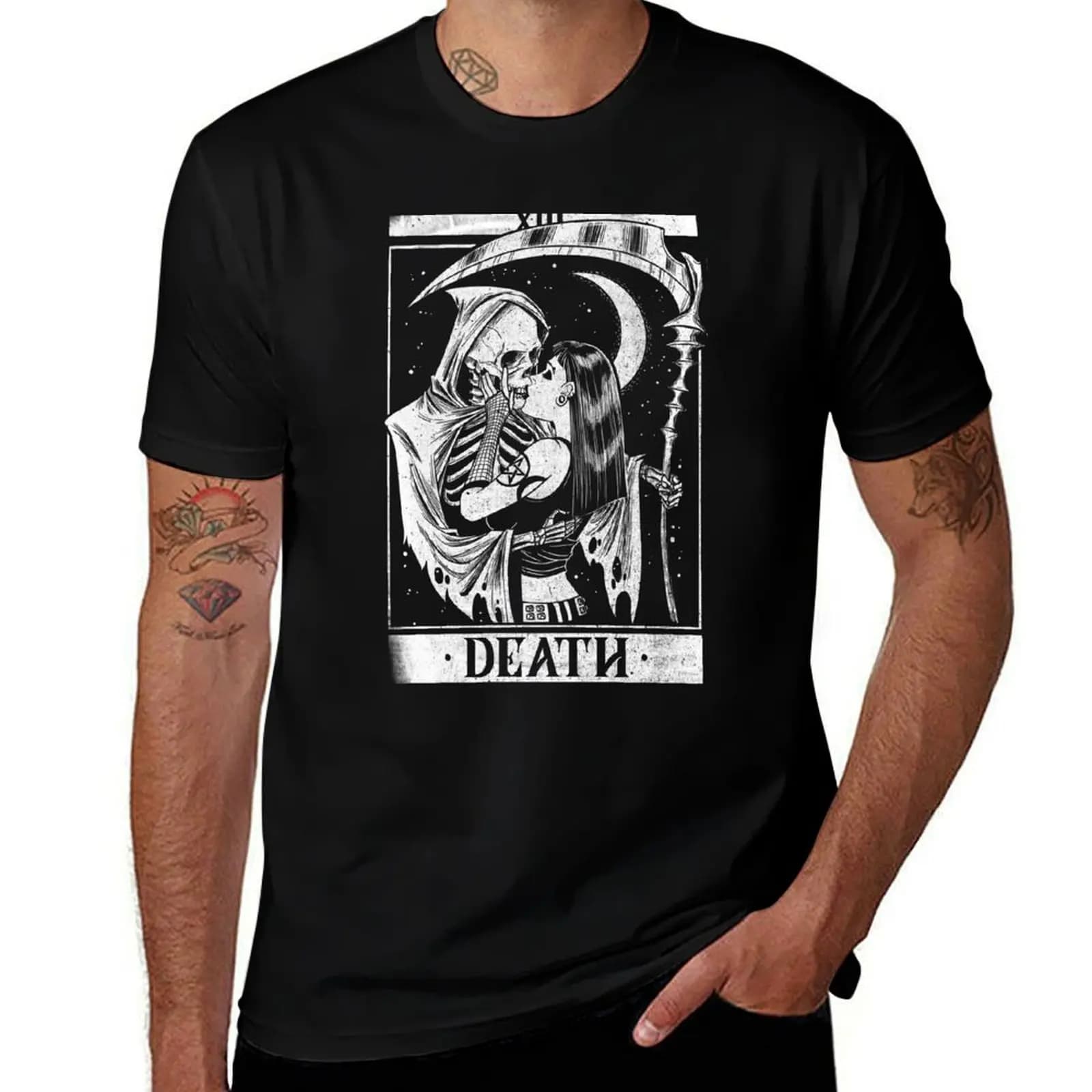 T-shirt Blackcraft Vintage Death the Grim Reaper Kiss Tarot Card, T-shirt casual di grandi dimensioni