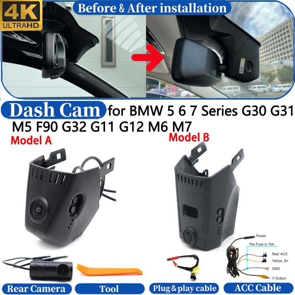 Dash Cam per BMW Serie 5 6 7 G30 G31 M5 F90 G32 G11 G12 M6 M7 Anteriore e Posteriore 4K UHD DVR Telecamera per Cruscotto Registratore Video di Guida