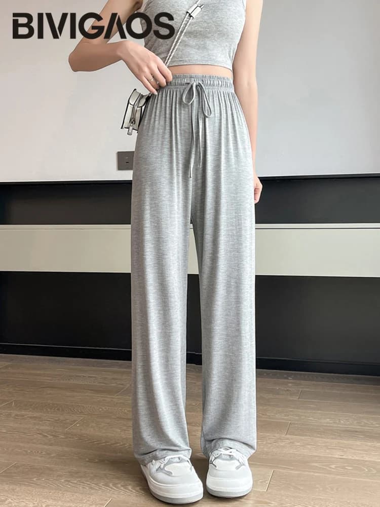 BIVIGAOS Donna Estate Grigio Ultra-Sottile Modale Pantaloni a gamba larga Elastico Allentato Casual Pantaloni da ballo a vita alta Pantaloni per protezione solare per la casa