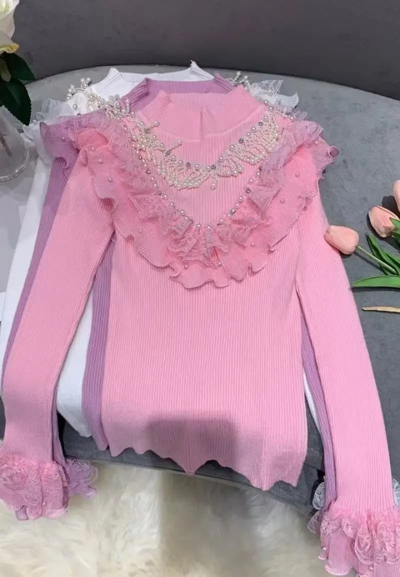 Nuovo Maglione Aderente con Perle e Nappine, Pullover Lavorato a Maglia Primavera-Autunno per Donna, Maniche Lunghe