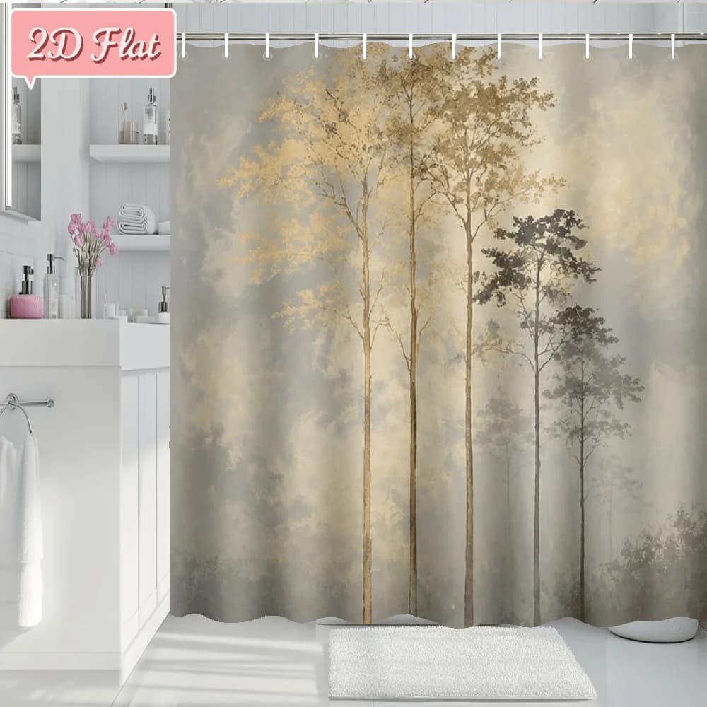 Waterproof Gold Tree Print Forest Shower Curtain Bathroom Decor Luxury Nature Abstract Curtain Liner for Modern Home Bathroom