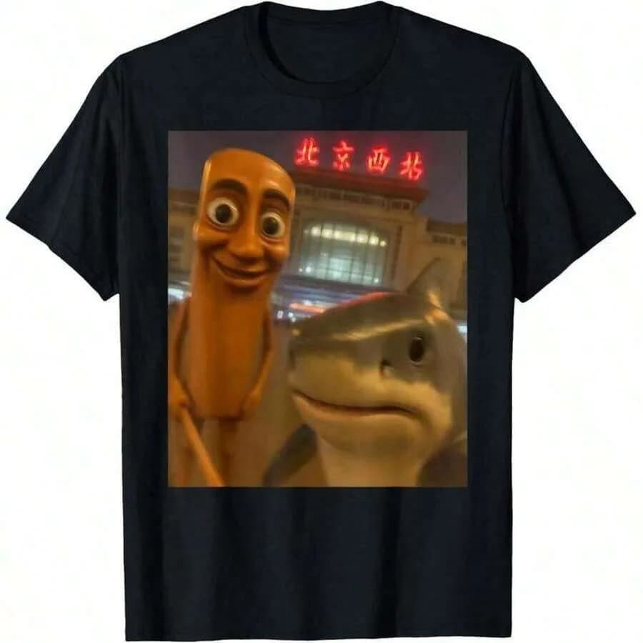 【Nuovo arrivo】T-shirt a maniche corte in cotone casual nera con stampa Beijing West Station Sausage Shark Funny Meme Print