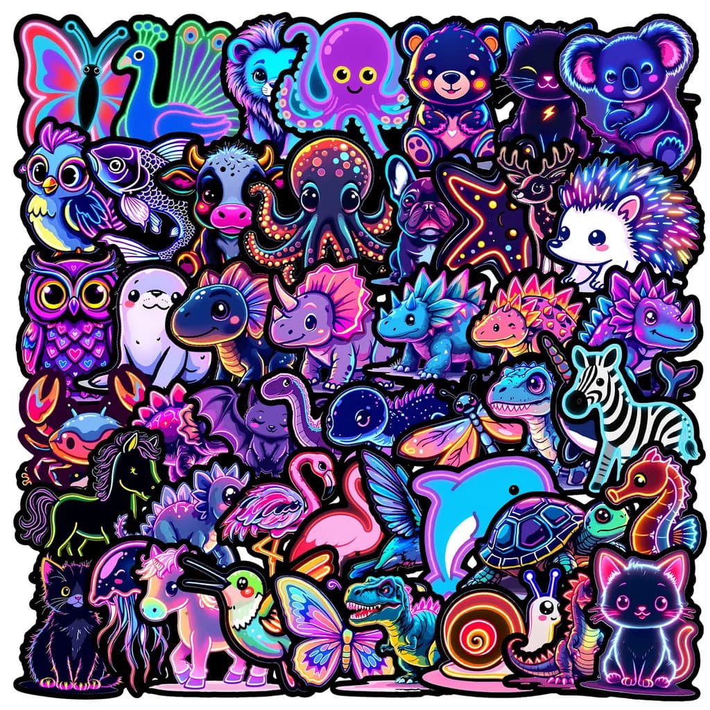 50 Pieces Neon Light Animal Graffiti Stickers - Waterproof Decorative Decals for Phones Water Bottles & Laptops Papery Pop Store