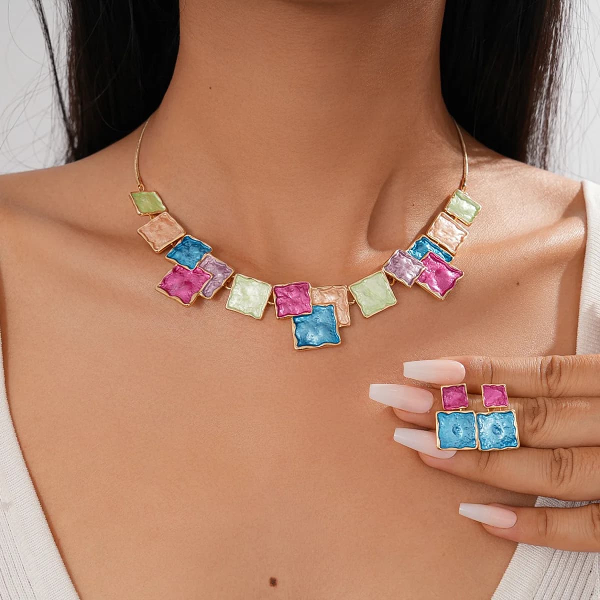 2pcs/set National Style Square Jewelry Necklace Set Multicolor Geometric Collar Necklace Block Color Retro Earring Choker 2026