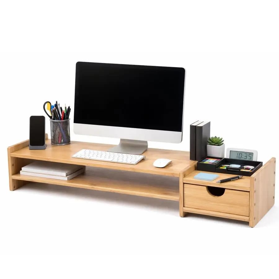 2-level monitor support with drawers, desktop organizer for laptop, computer, printer, mobile phone, reduces tension of neck and eyes, O