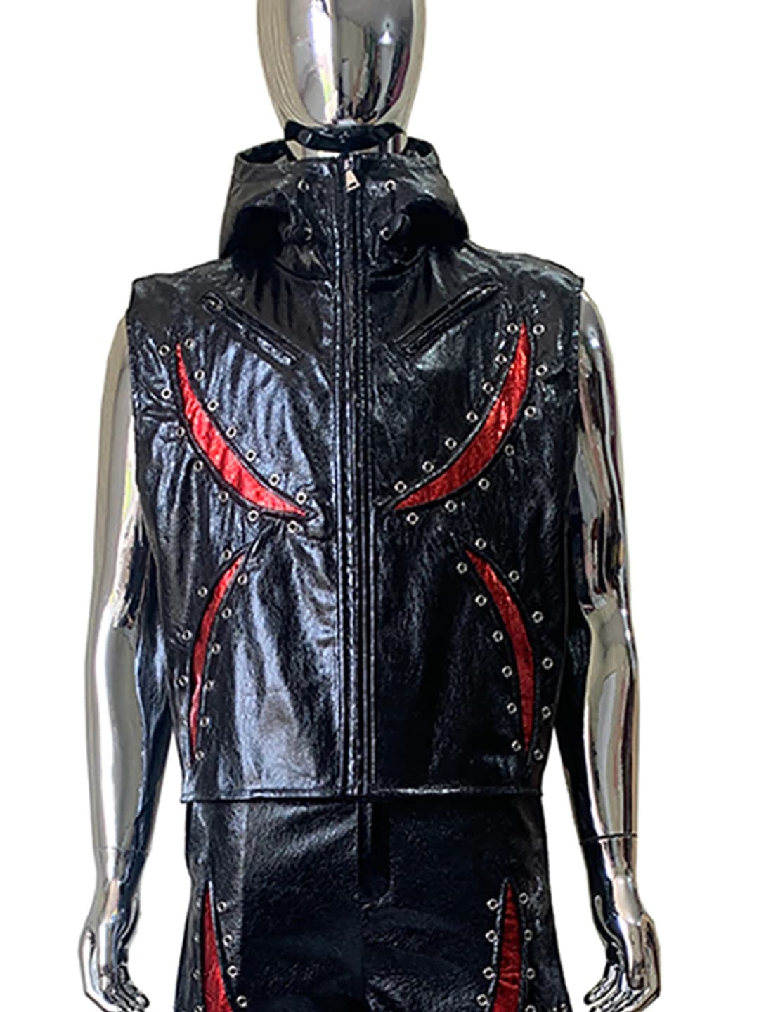 Men's Summer Sleeveless Hooded PU Leather Vest Jacket Punk Style Color Block American Shoulder Biker Vest Trendy And Handsome