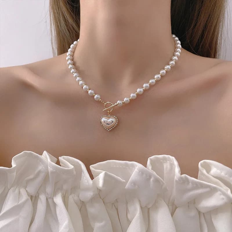 Sweet Pearl Heart Charm Clavicle Chain Elegant Temperament Necklace For Girls, Lady Daily Party Fashion Jewelry