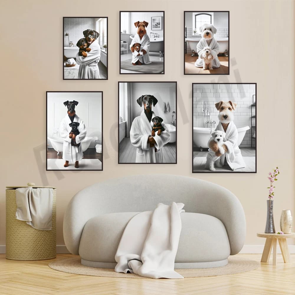 Pug, Rottweiler, cane crespo cinese, Sealyhan terrier, Lakeland terrier, Beagle divertente animale bagno decorazione della parete poster