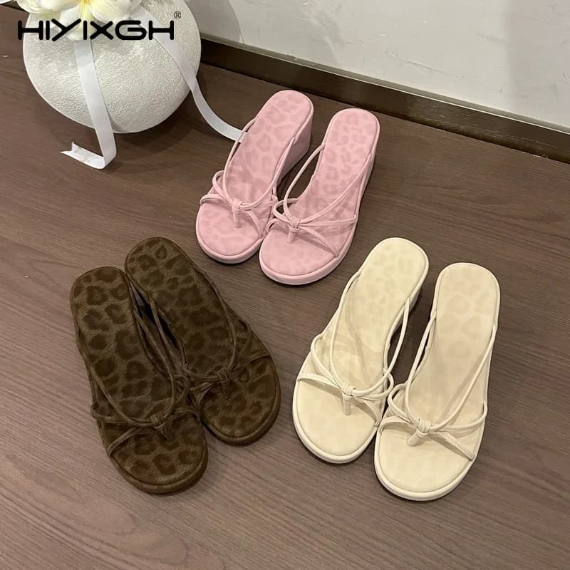 Platform Wedges Heel Leopard Women's Clip Toe Slippers Summer Fashion Narrow Band Slides Ladies Comfort Vacation Flip Flop Shoes