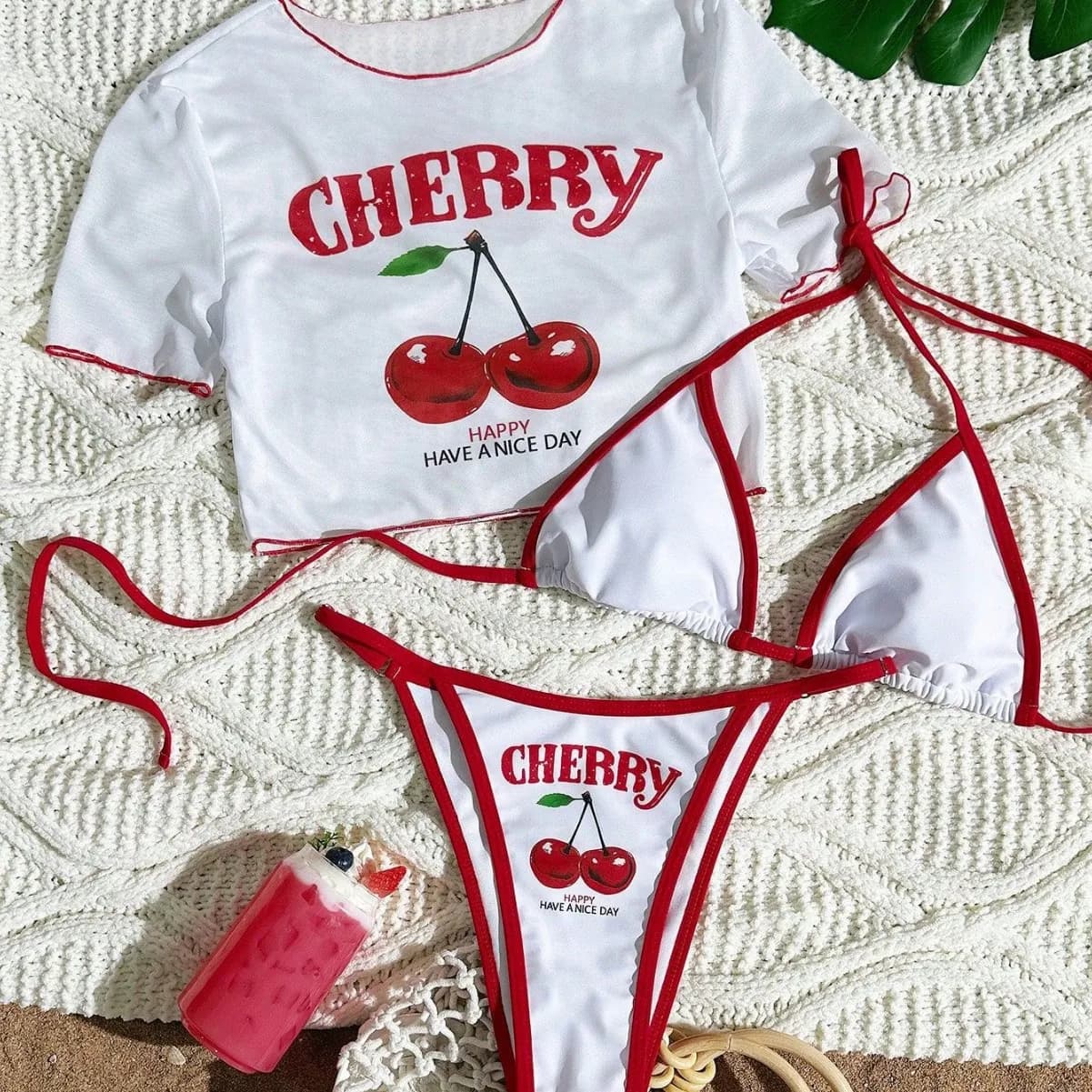 S -XL Cherry Printed Short Sleeve Bikini Female Swimsuit Women Swimwear Three-pieces Bikini set Bather Bathing Suit Swim