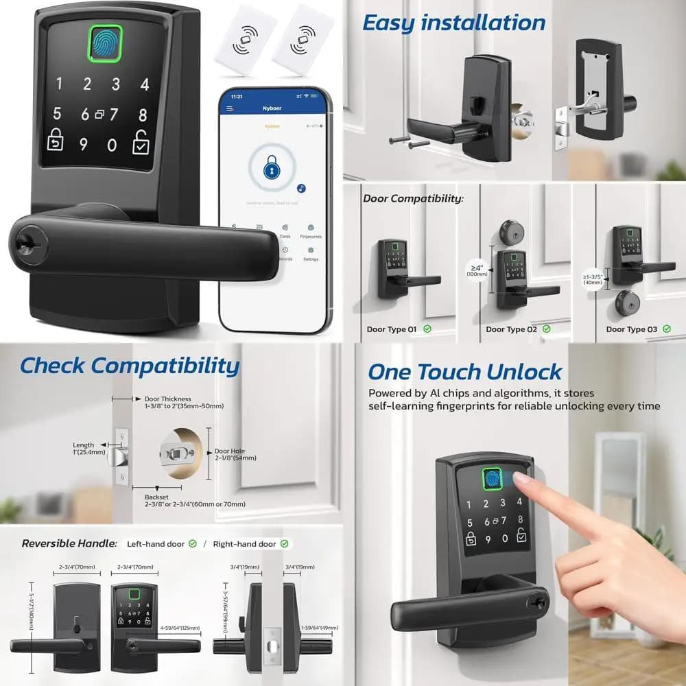 Serratura Intelligente Nera Opaca Stile Contemporaneo con Ingresso Tramite Impronta Digitale e Codice Digitale per Porte Anteriori, Facile da Installare