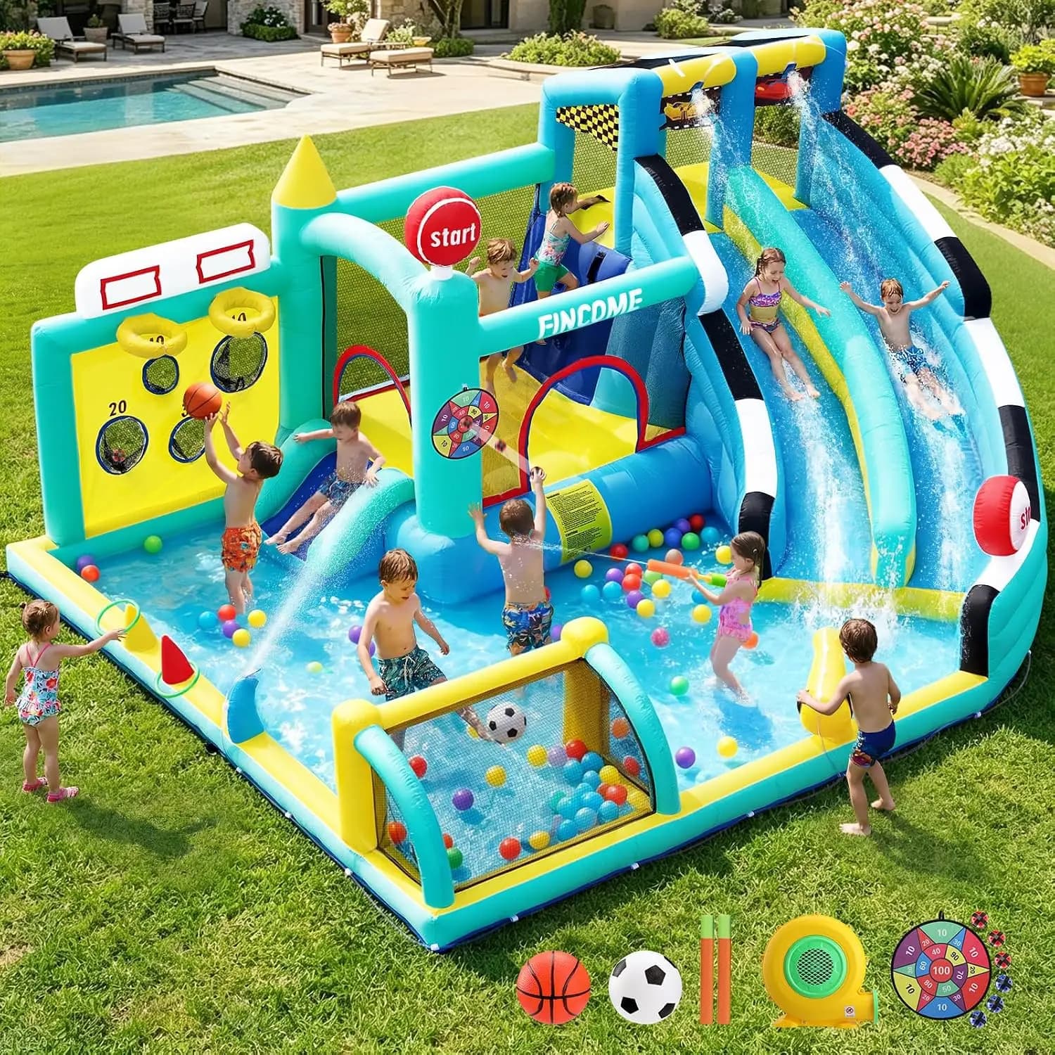 Bounce House Double Slides for Kids 3-10, Large Bounce Castle with Air Blower 550W, Pool, Jumping, Climbing, Balls, Ring Toss, I