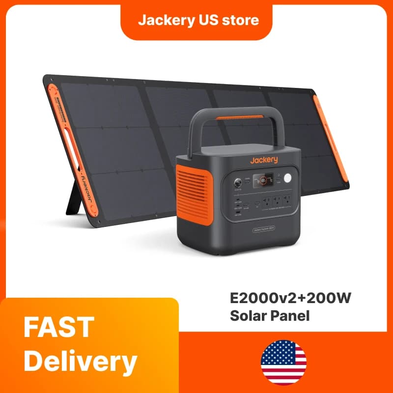 Jackery Explorer 2000v2 Stazione di Alimentazione Portatile con Pannello Solare da 200W, Generatore Solare per Campeggio, Escursionismo e Uso Energetico all'Aperto