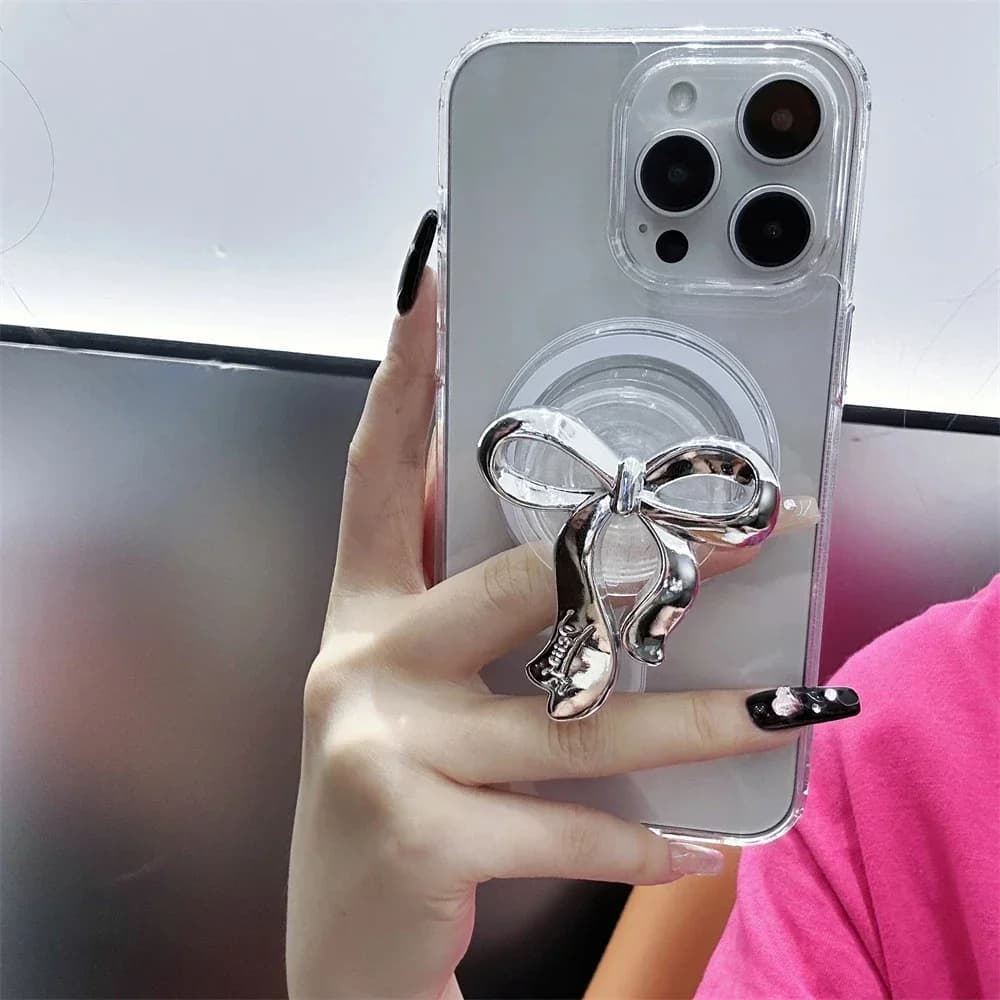 INS Korean Silver Bowknot For Magsafe Griptok Phone Support Bar Ring Basing Support For iPhone 16 15 Samsung S24 Girl Staff