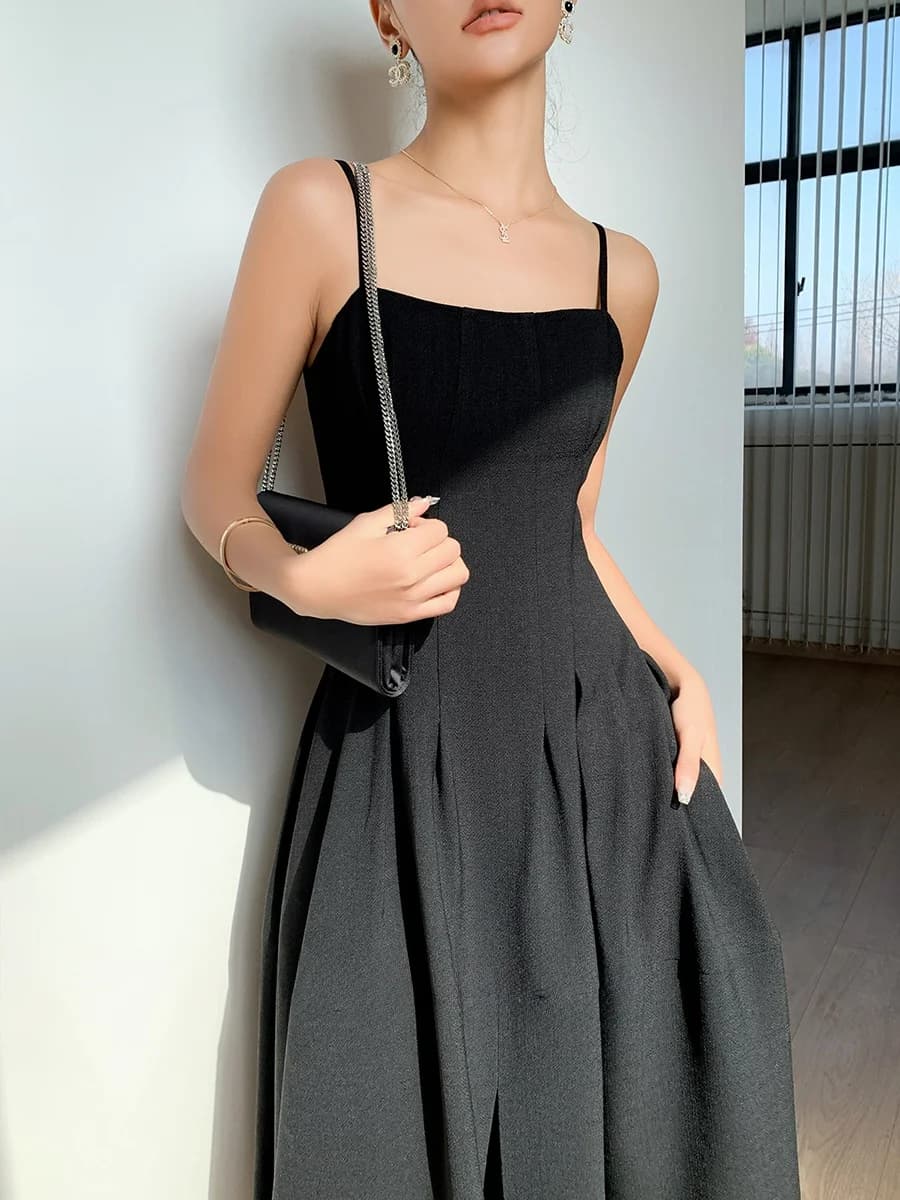 Sexy Split Bla Dr Linen Texture Acetate Classic Wrap Dr High Waist A-Line Skirt Svel One-oulder Long Dr