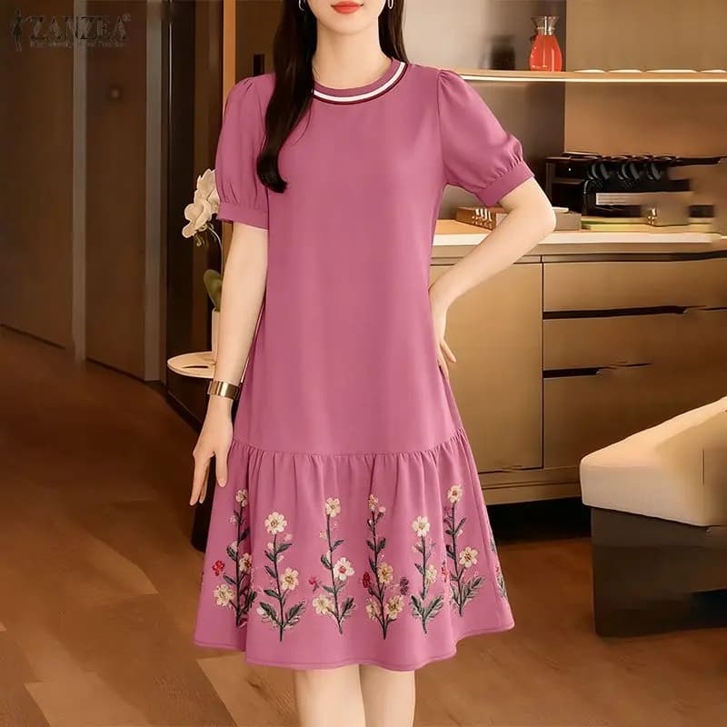 2026 ZANZEA Abito estivo stampato floreale Donna Elegante manica corta a sbuffo Vestito estivo Elegante increspato Festa al ginocchio Veste
