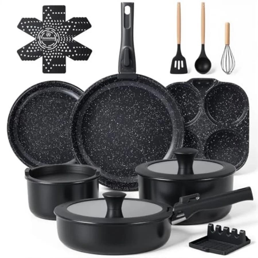 Set of Ceramic 21 Pieces Anti-stick with Stackable Handles, Non-toxic Eggs, Suitable for Induction and Oven, Stackable