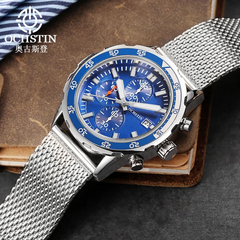 OCHSTIN Waterproof Men's Watch with Stainless Steel Strap Multifunction Quartz Movement Business Luxury Pilot Series Men's Watch