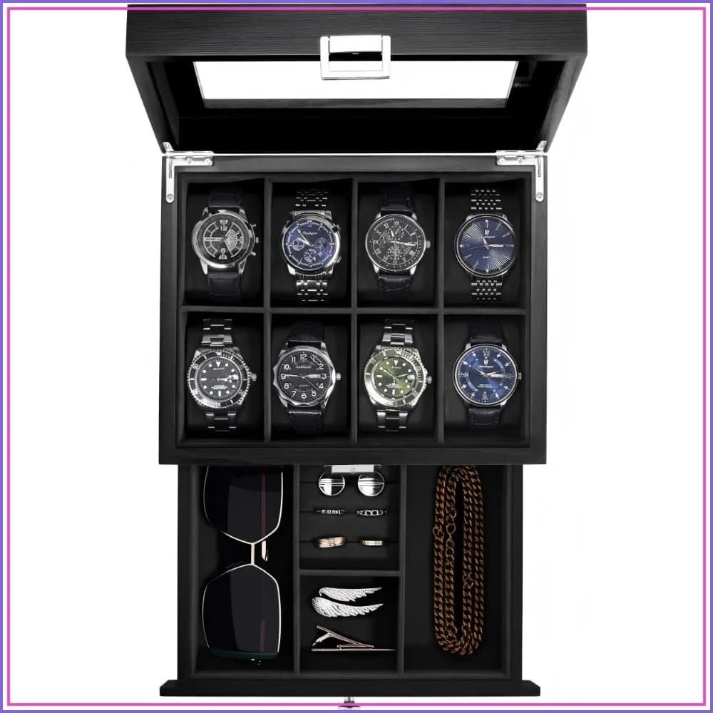 8-Slot Wooden Watch Box with Drawer, 2-Layer Jewelry Organizer, Gift for Men Women