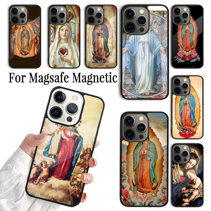 Cover per iPhone con immagine della Vergine Maria, compatibile con iPhone 17 AIR 16 15 14 13 12 11 Pro Max Plus, custodia magnetica wireless Magsafe