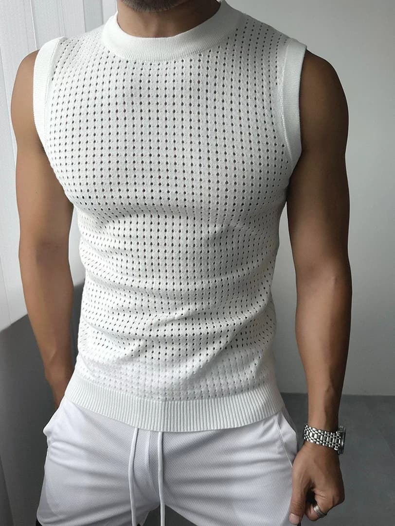 Canotta da uomo in maglia traforata stile American Hardman, senza maniche, modello a rete da pesca, versione trasparente.