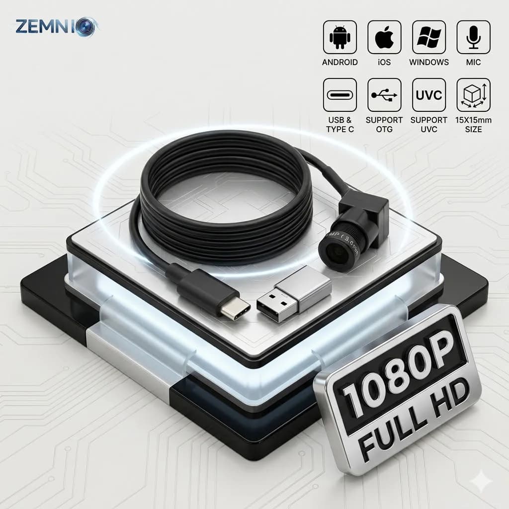 Mini 2MP 1080P UVC Webcam with Mic, OTG, Type‑C & USB,15X15mm, Android IOS Windows,Multi Focal 2.8‑12mm Lens for Home Security