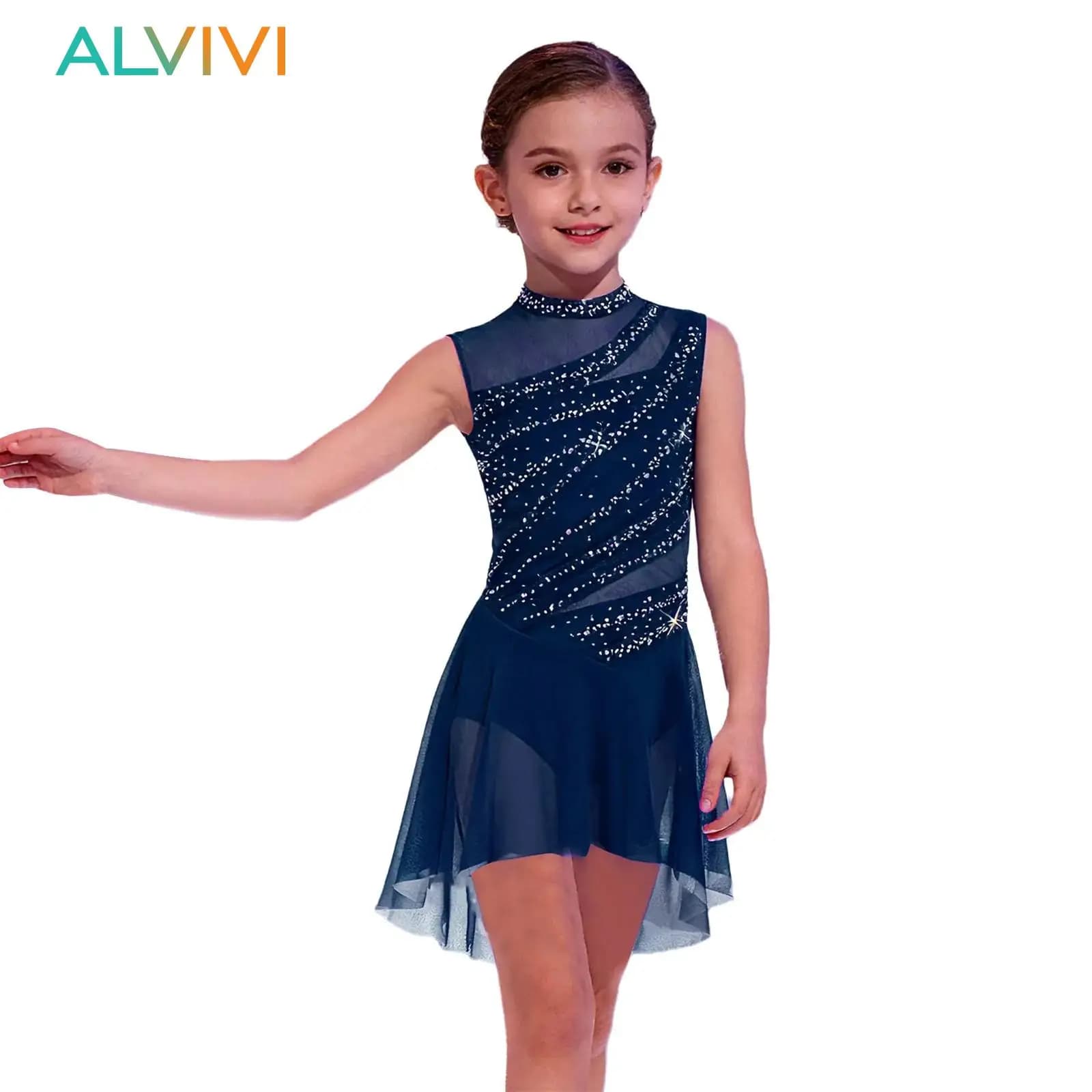 Vestito da Ginnastica Artistica per Bambine, Abito da Pattinaggio Artistico con Strass Lucidi, Costume da Danza Lirica per Esibizioni