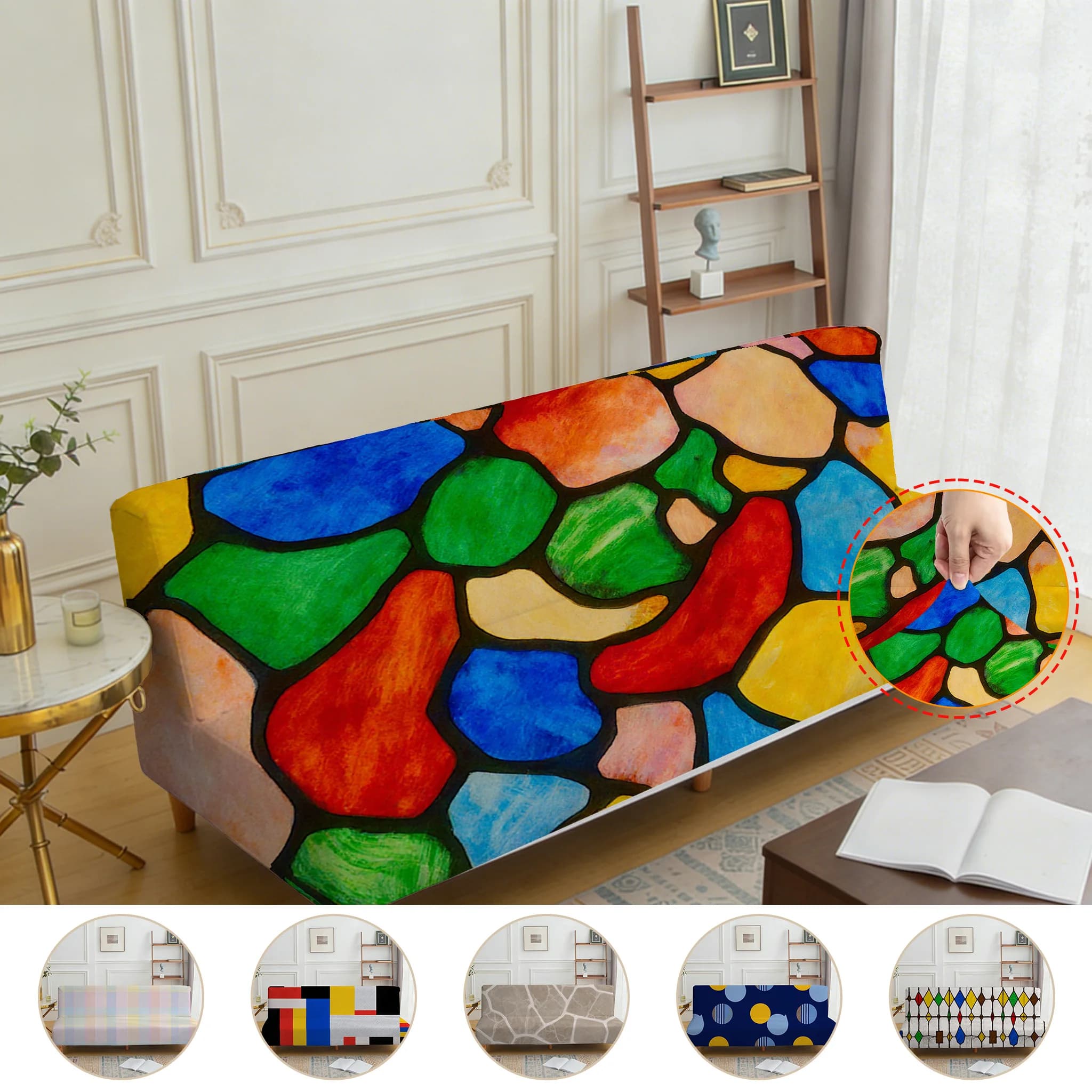 Armless elastic sofa bed cover, living room home decoration, abstract geometric printing pattern