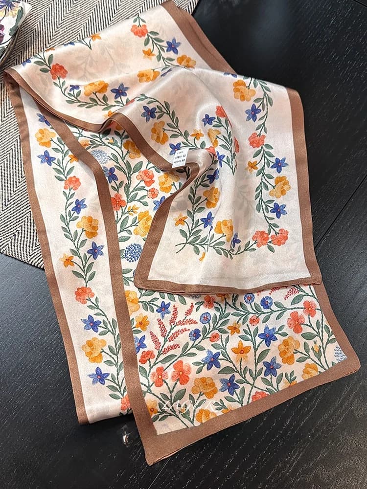 Double-Sided Double-Layer 100% Silk Thin Scarf Long Striped Silk Headband Braiding Floral Pattern Women's Accessory