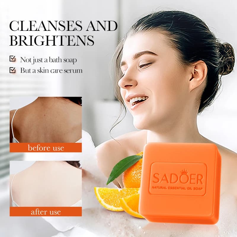 SADOER Sapone all'Arancia con Vitamina C e Oli Essenziali, Detergente Viso Sbiancante, Idratante per Macchie Scure, Sapone da Bagno per il Corpo