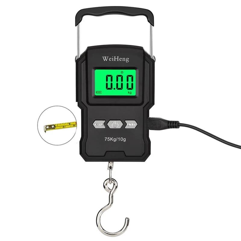 Bilancia Digitale Elettronica Nera Ricaricabile LCD 75Kg 10g con Gancio per Bagagli e Pesca, con Metro a Nastro