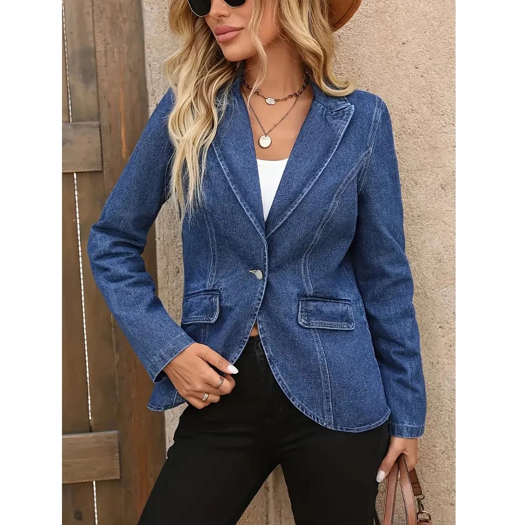 Blazer in denim da donna taglie forti, casual, a maniche lunghe, con risvolto a revers e bottone singolo, stile streetwear per primavera autunno