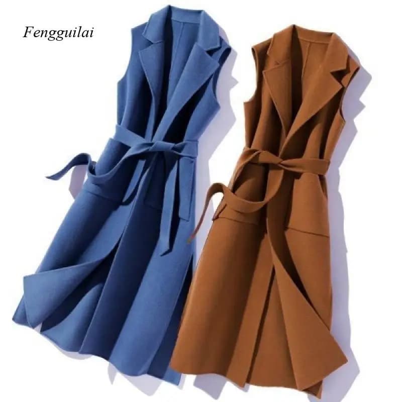 Women's Trendy Sleeveless Belted Long Vest Coat - Lapel Collar Wrap Waistcoat with Pockets for Layering Outfits