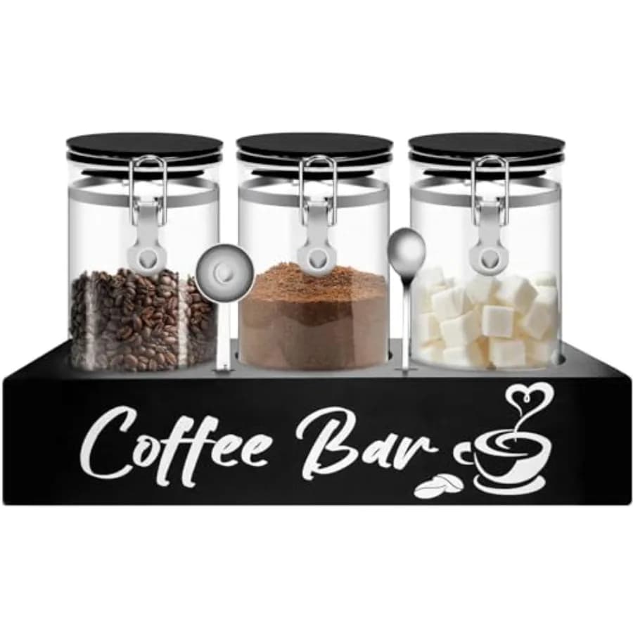 Glass Coffee Containers with Shelf Coffee Station Organizer 54oz Glass Coffees Bean Storage Canister with Spoon Coffee Canister