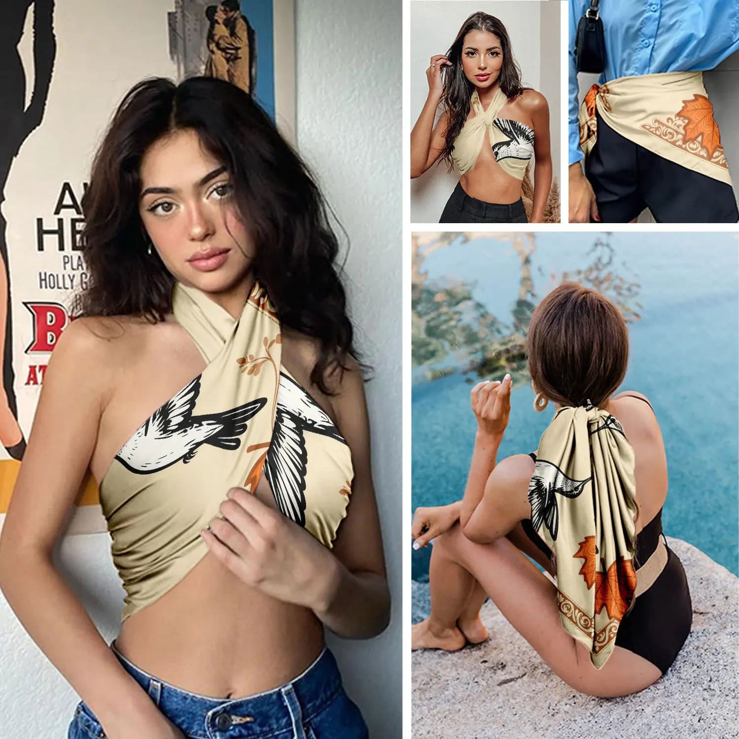 0943 women's floral satin square scarf - soft faux silk headscarf, multi-purpose neckerchief, head wrap