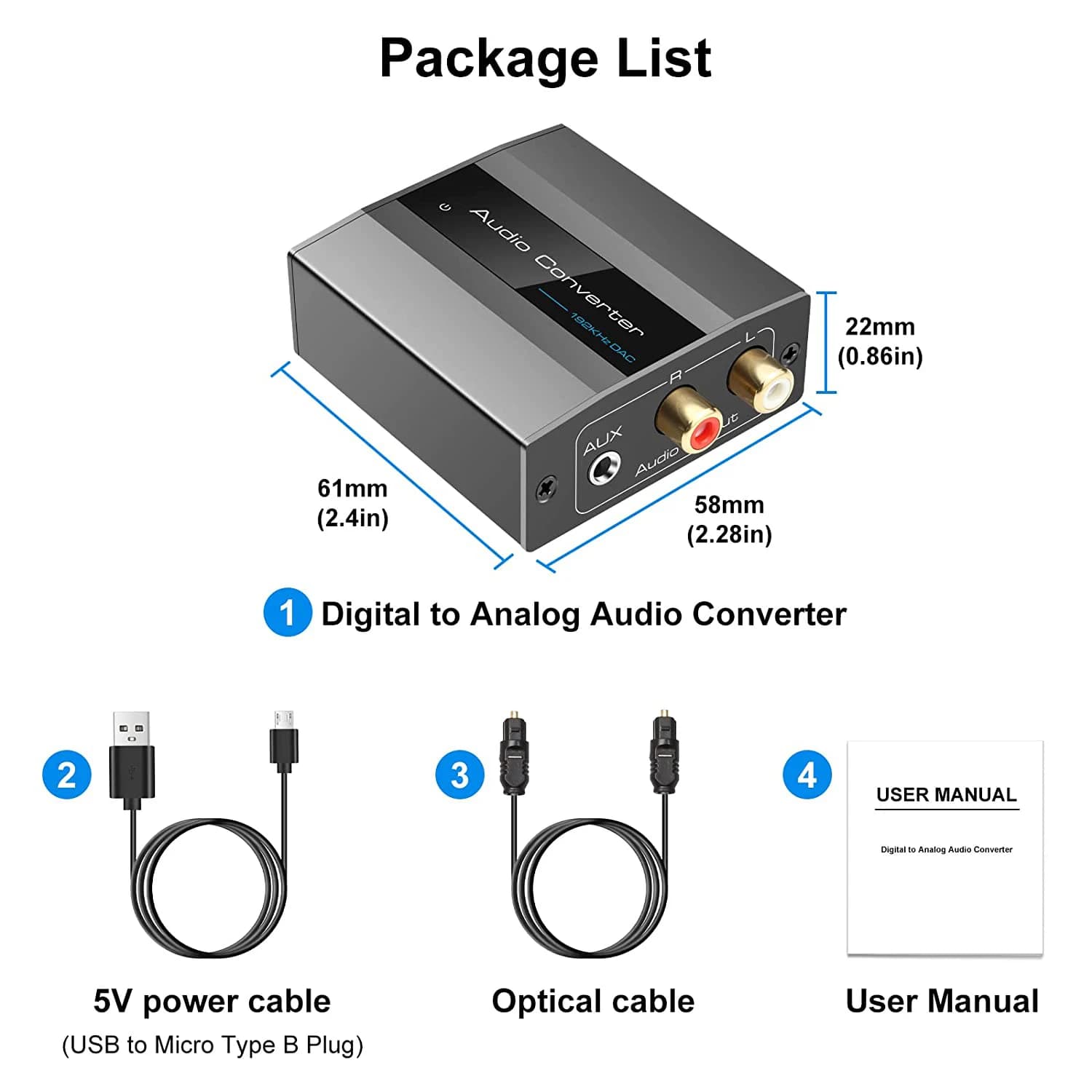 HFES Optical to RCA Converter Audio Converter Digital to Analog Audio Coaxial to RCA Adapter 3.5mm AUX with Optical Cable