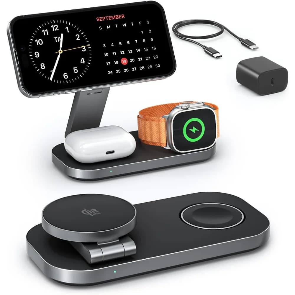Wireless Charging Station: 25W Fast Charger Stand for Phones, Smartwatches, Earbuds with Magnetic, Foldable Design