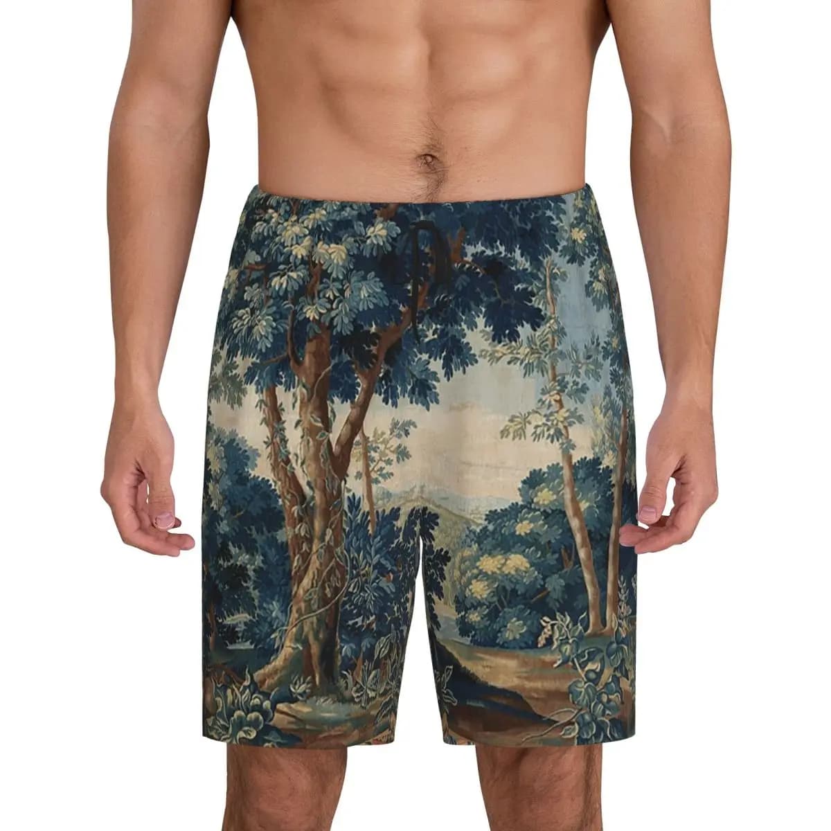 GREENERY, TREES IN WOODLAND LANDSCAPE Antique Flemish Short Pajama Pants Men Sleepwear Sleep Lounge Bottom Shorts Sleeping Pants
