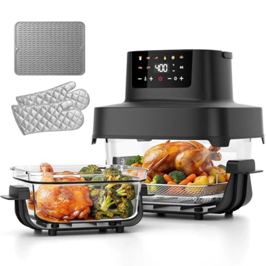 Friggitrice ad Aria in Vetro 6.3QT 4.4QT con Doppi Cestelli in Vetro e Coperchi, Friggitrice ad Aria Portatile 8-in-1 in Cristallo, Senza PFOA PFAS, Lavabile in Lavastoviglie