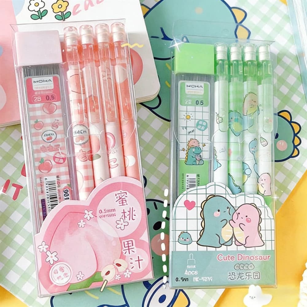 Cute Mechanical Pencil Set 0.5mm 4Pcs HB Automatic Pencil & 1 Tube Refill for Student Writing Drawing and Sketching Kids Gift
