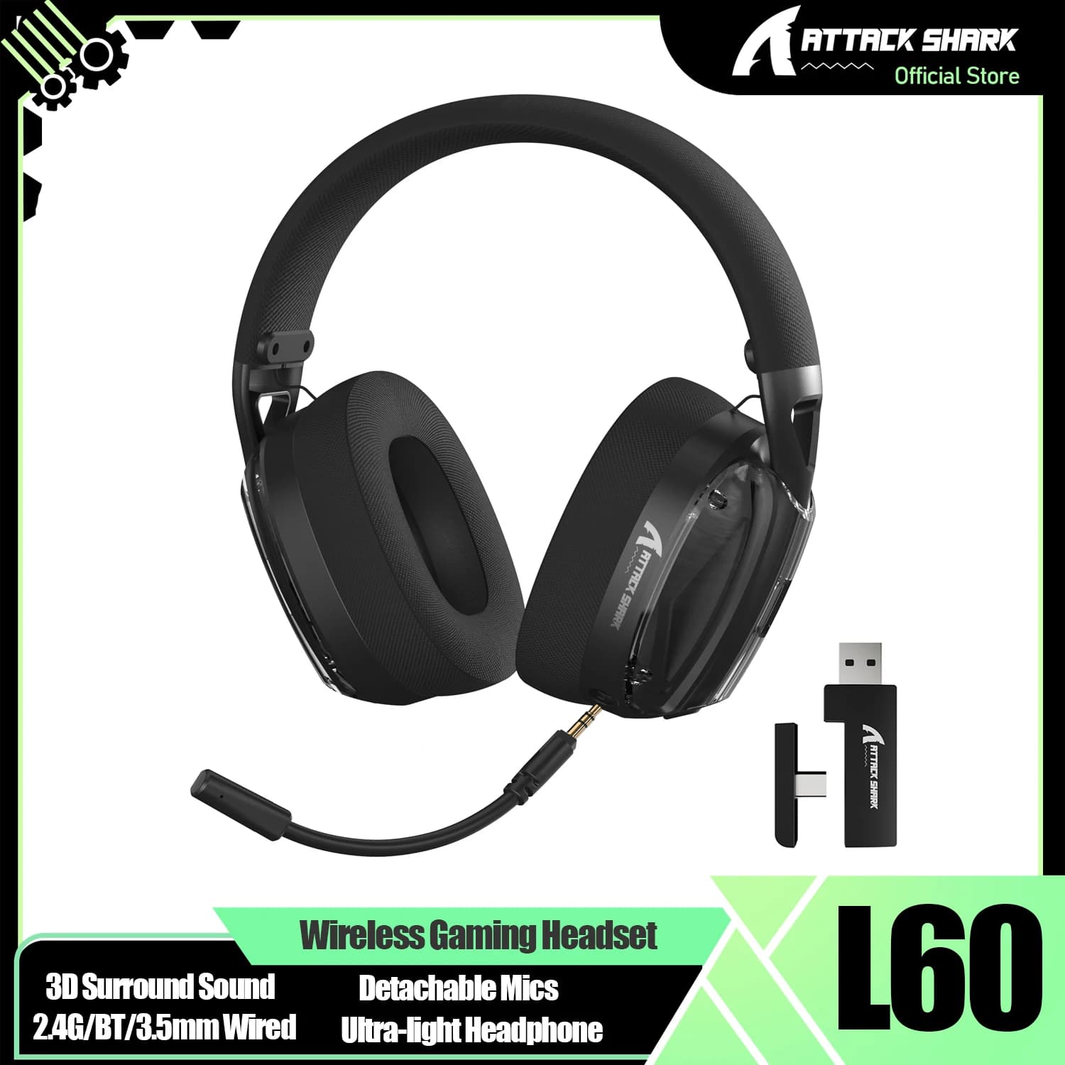 ATTACK SHARK L60 Wireless Gaming Headphones, 2.4 G/BT/3,5 mm ultra-light headphones with 40 mm driver, over the ear