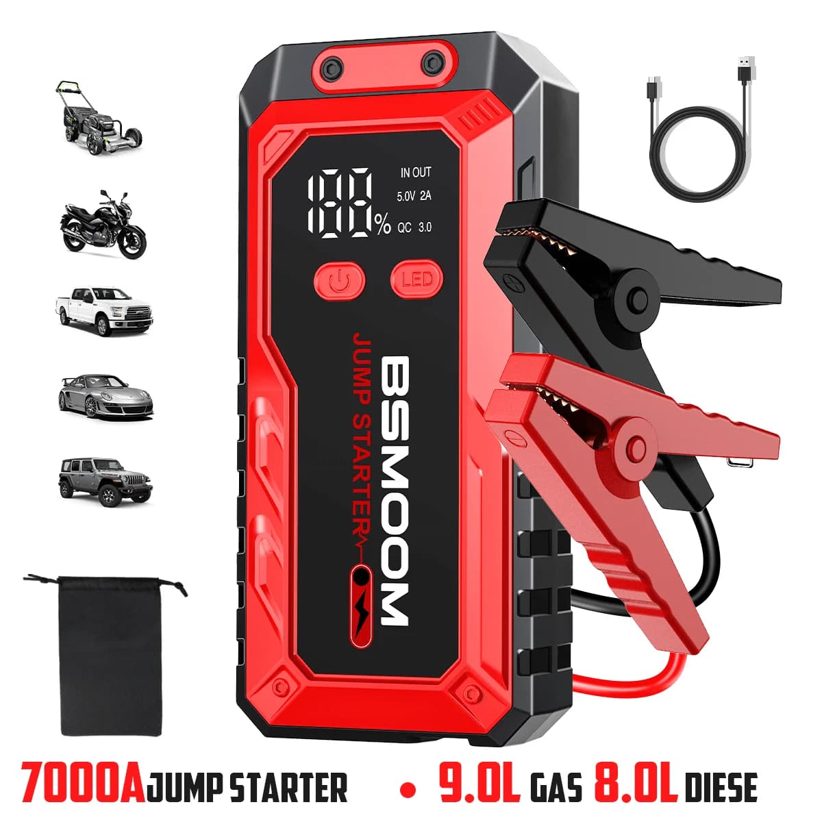 1500A PEAK Multi-functional Emergency Jump Starter, Portable Car Battery Starter, Suitable For ALL Gasoline Or 10L Diesel Batteries, LED Emergency Lights, And Car Emergency Tools.